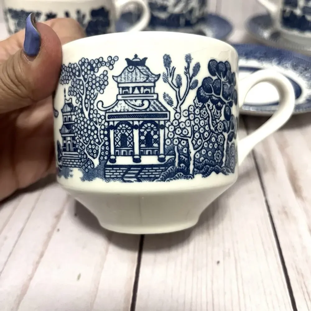 VTG Set 5 Churchill Blue Willow Coffee Tea Cups and Saucers Made in England MCM